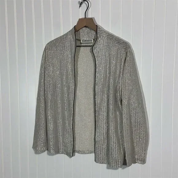 Vintage Caribou Shimmer Cardigan Size 18 | Silver Metallic Ribbed Disco Jacket - Picture 1 of 8